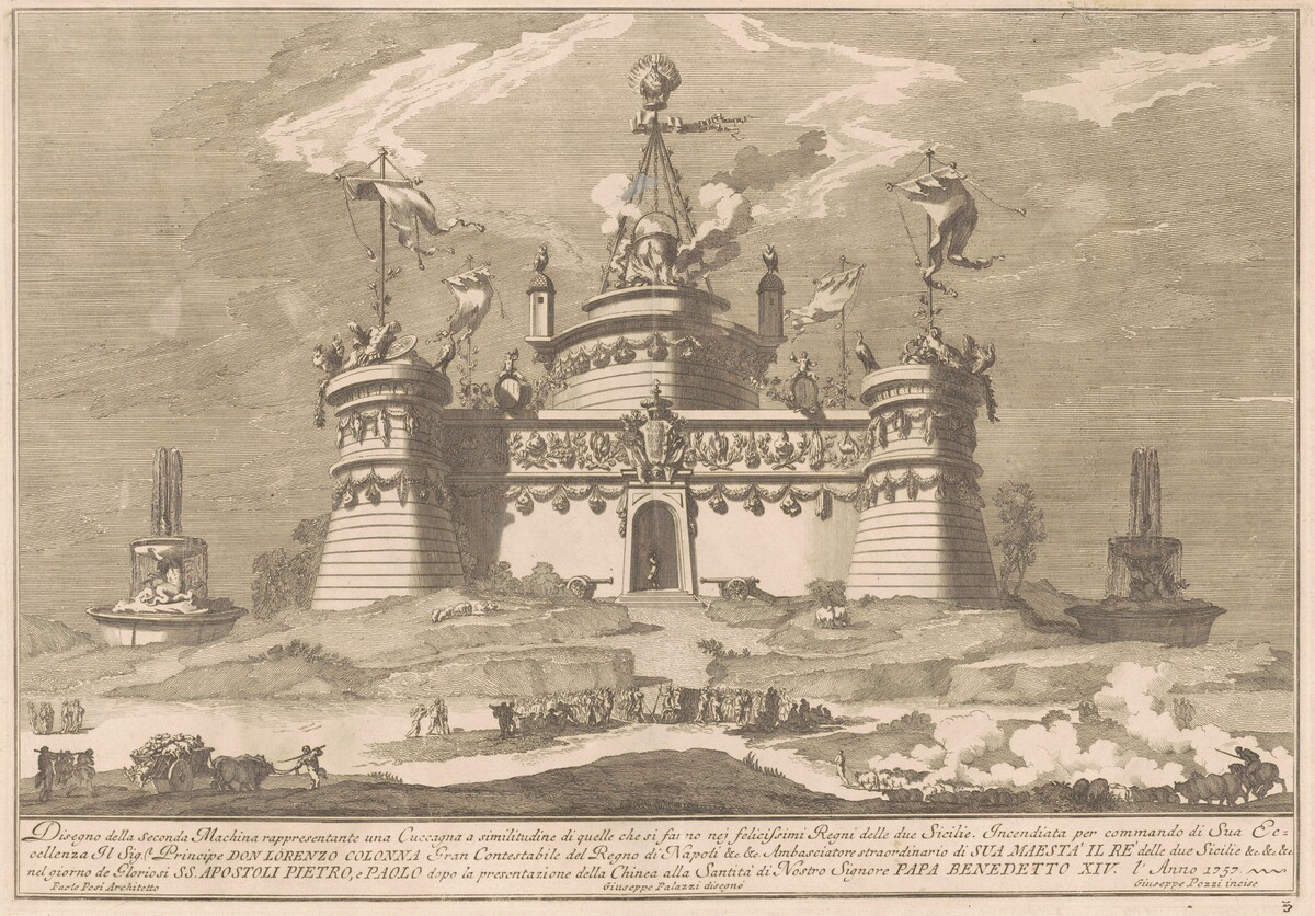 The Seconda Macchina for the Chinea of 1757: The Fortress of Cockaigne by Giuseppe Pozzi, after Giuseppe Palazzi, after Paolo Posi