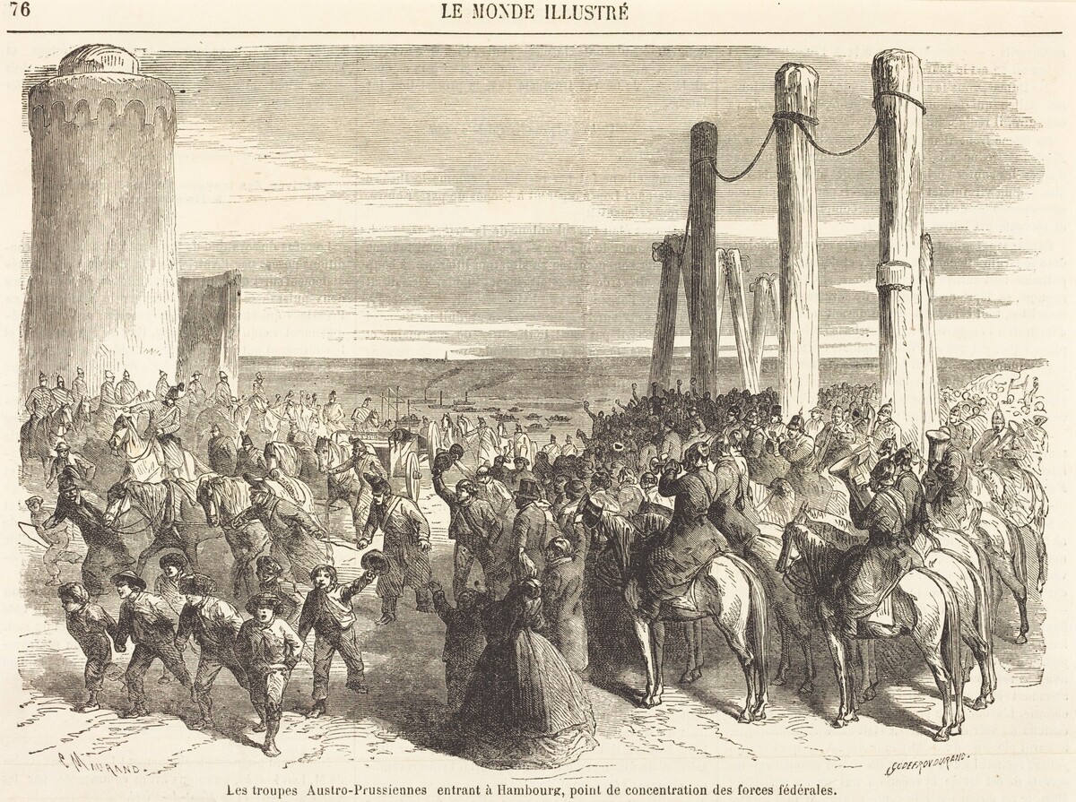 Les troupes Austro-Prussiennes entrant a Hambourg ... [top half] by Charles Maurand after Godefroy Durand
