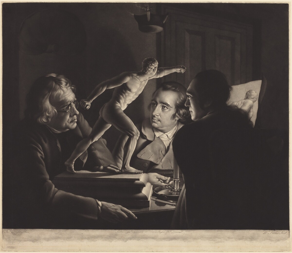 Three Persons Viewing the Gladiator by Candlelight by William Pether after Joseph Wright