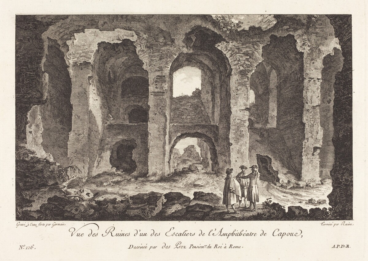 Vue des Ruines d'un des Escaliers de l'Amphithéatre de Capue by P.F. Germain after Louis-Jean Desprez