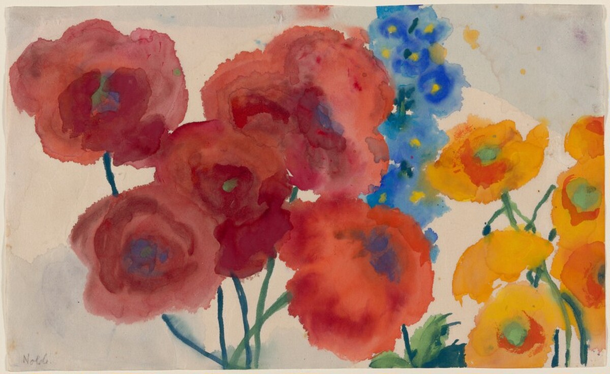 Red and Yellow Poppies with a Blue Delphinium by Emil Nolde