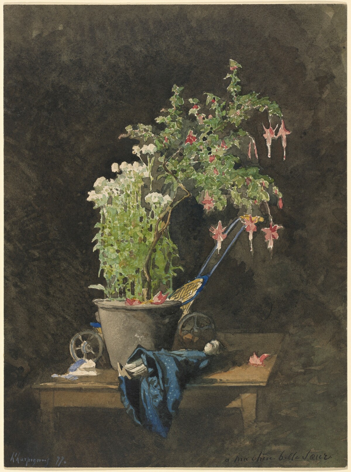 A Potted Fuchsia with Children's Toys by Henri-Joseph Harpignies