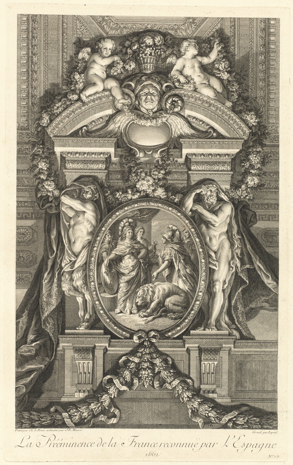La Prééminence de la France reconnue par l'Espagne 1662 (The Preeminance of France Recognized by Spain 1662) [pl. 17] by Jean-Baptiste Massé (designer) and Bernard Lépicié (engraver) after Charles Le Brun