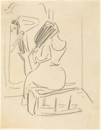 A Woman Combing Her Hair in Front of a Mirror