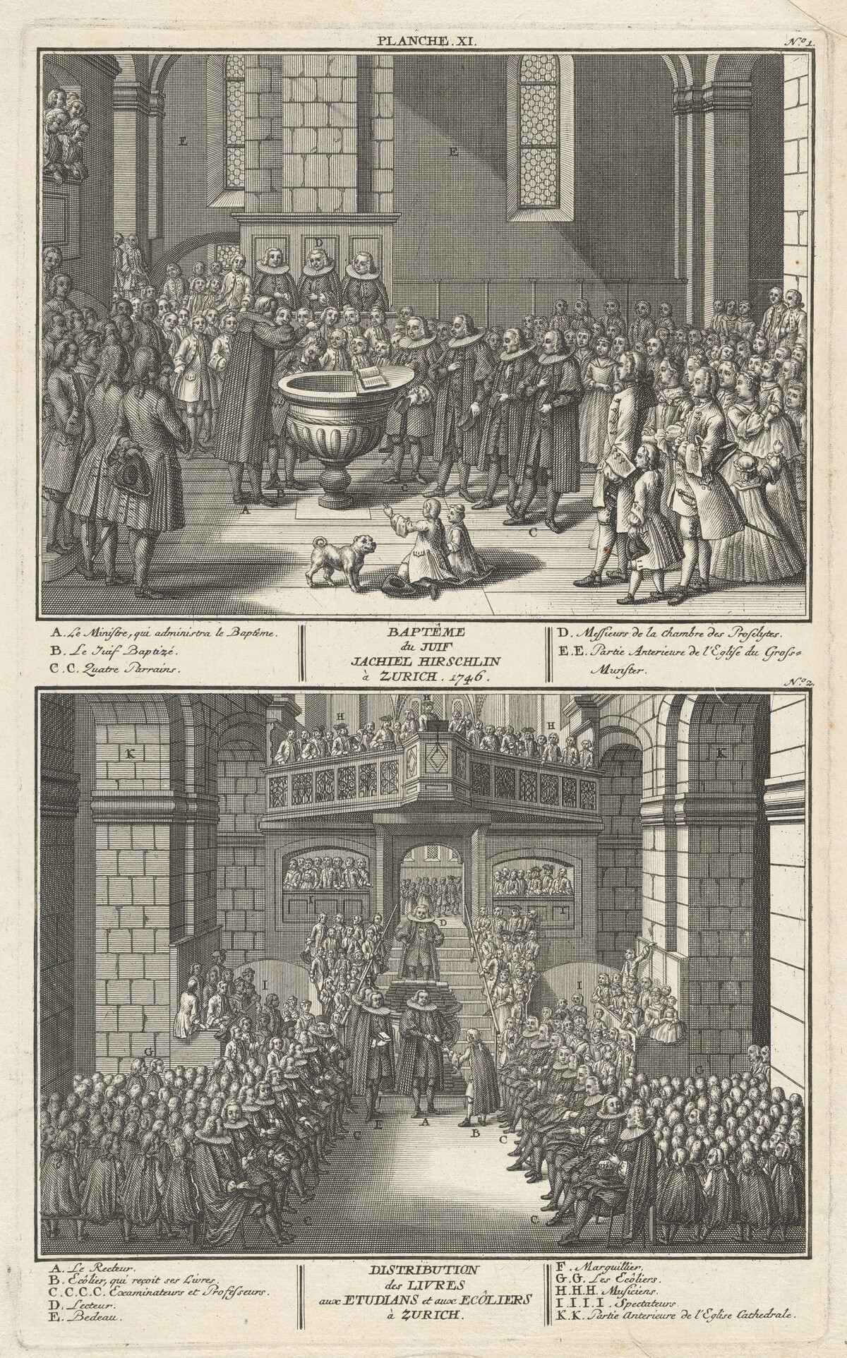 Baptême du Juif Jachiel Hirschlin à Zurich. 1746; Distribution des Livres avec Etudians et aux Ecôliers à Zurich (Baptism of Jachiel Hirschlin and Distribution of the Books) by David Herrliberger