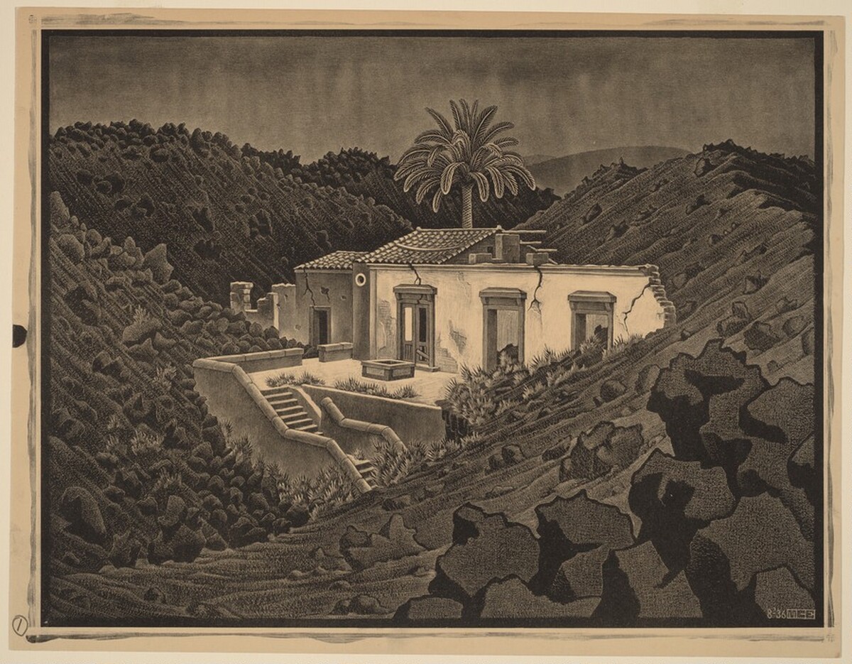 House in the Lava near Nunziata, Sicily by M.C. Escher