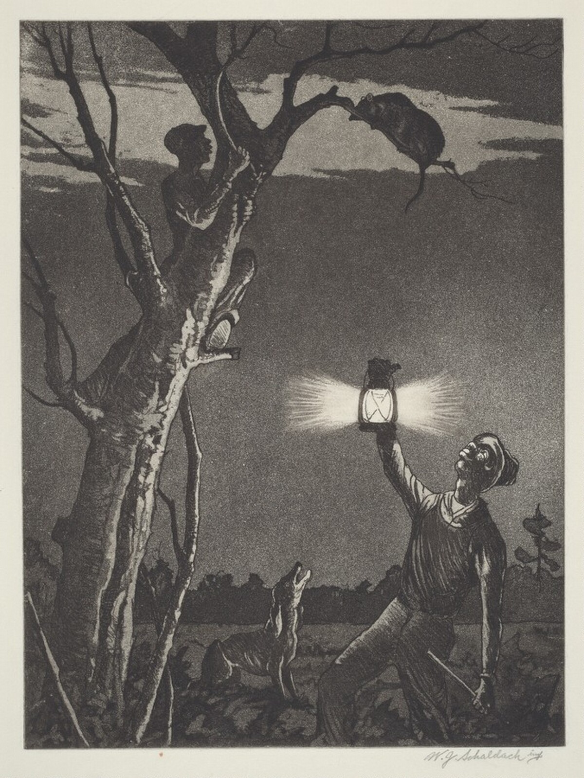 Possum Up De Simmon Tree by William J. Schaldach