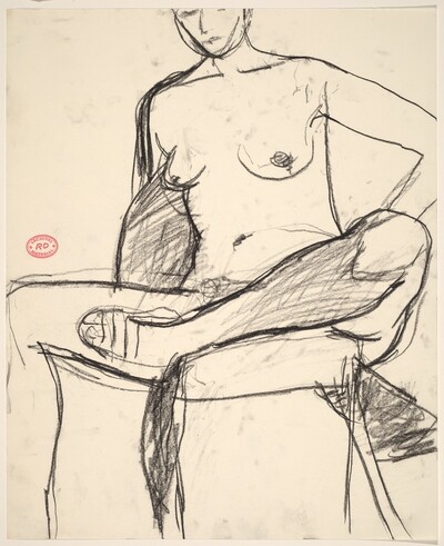 Untitled [seated nude wearing a sandal and pulling her foot into a chair]