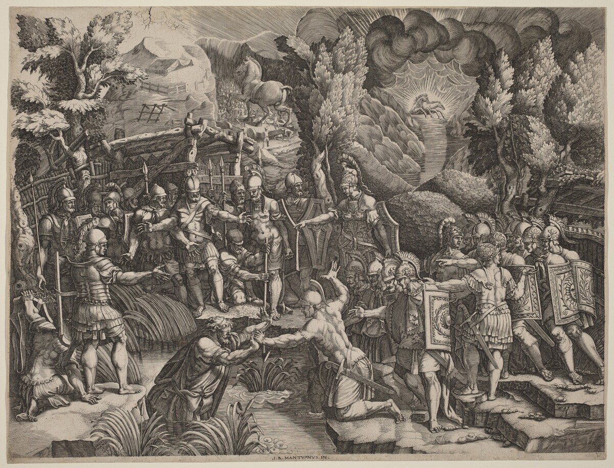 Sinon Deceiving the Trojans by Giorgio Ghisi after Giovanni Battista Scultori