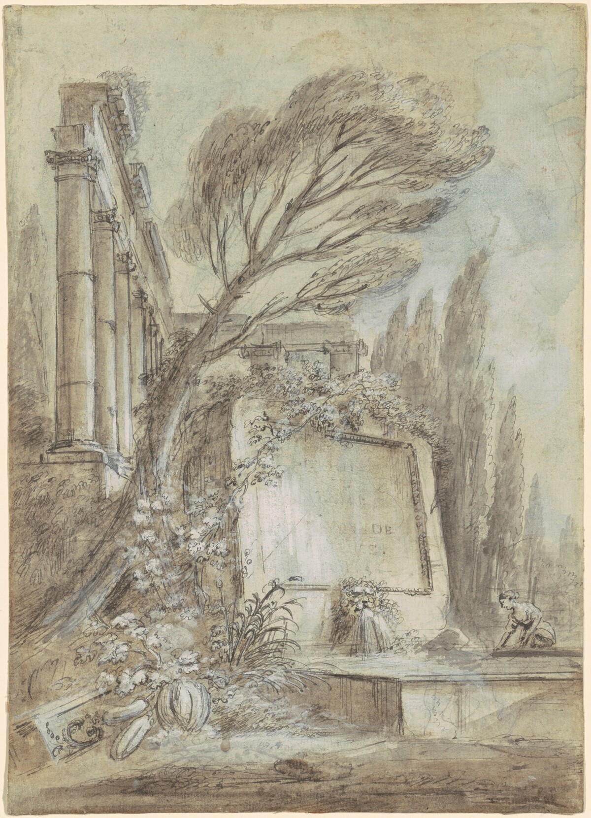 Architectural Fantasy of Roman Ruins with an Inscription Plaque by Jean-Baptiste Lallemand