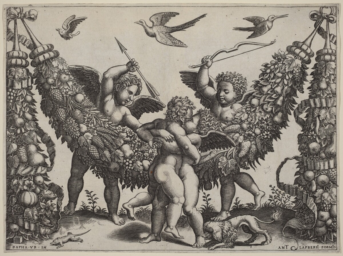 Two Putti...Striking Another Who Is Squeezing a Child by Master of the Die after Raphael
