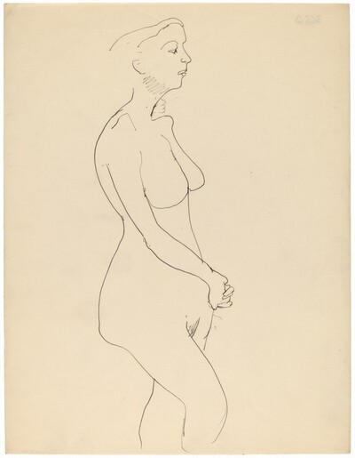 Side View of Standing Nude, Turned to the Right, Hands Folded in Front