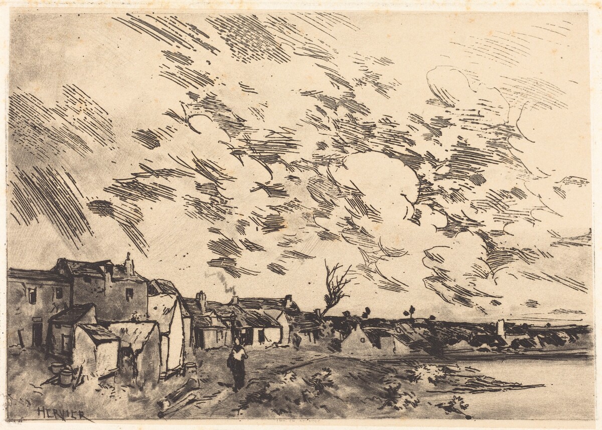 Village sur le bord d'une Riviere by Adolphe Hervier