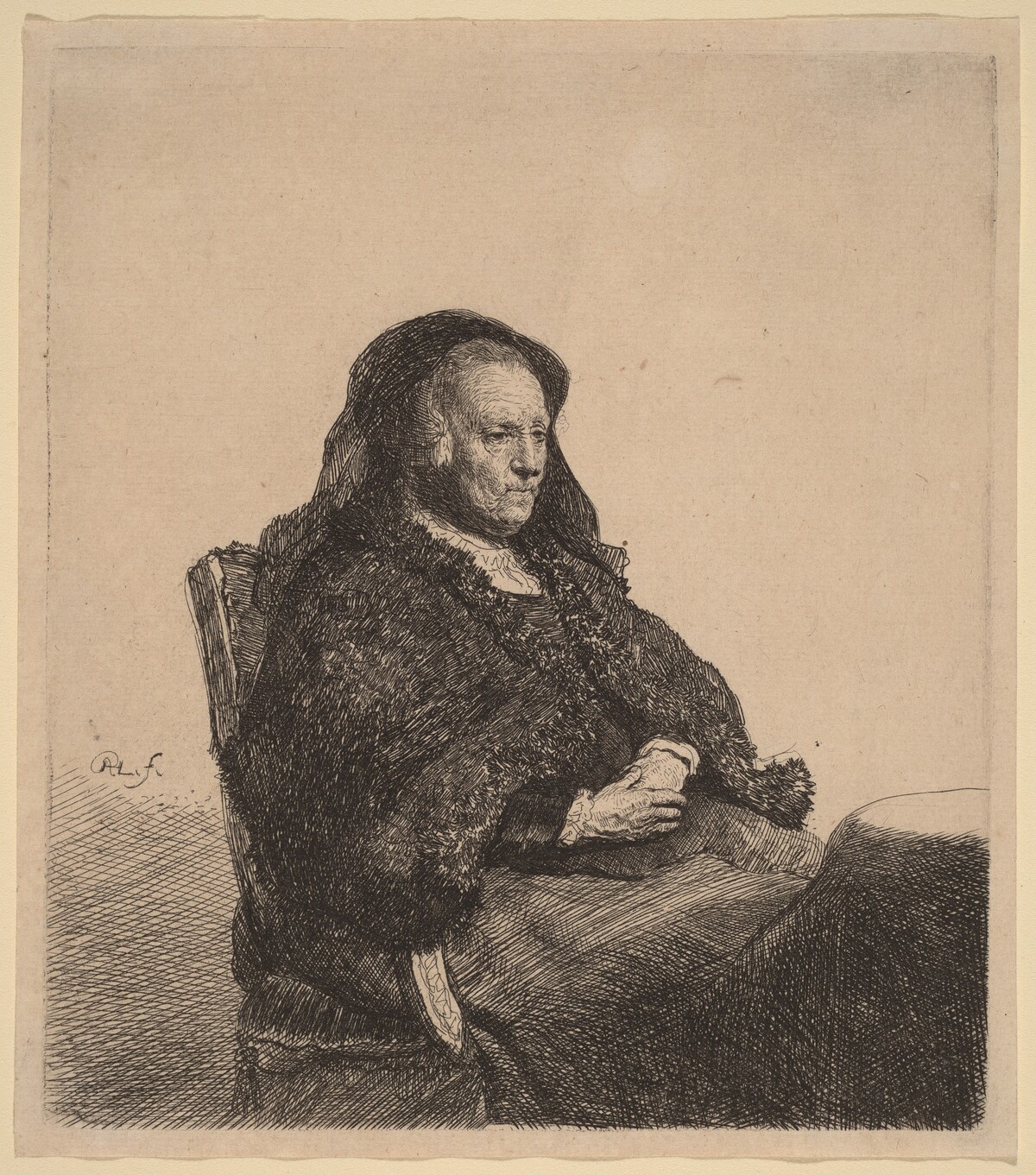 The Artist's Mother Seated at a Table, Looking Right by Rembrandt van Rijn