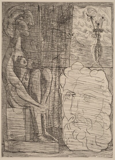 Sculptures Representing Marie-Thérèse and the Head of the Sculptor, with a Vase of Three Flowers (Sculptures représentant Marie-Thérèse et la tête du sculpteur, avec le vase aux trois fleurs)