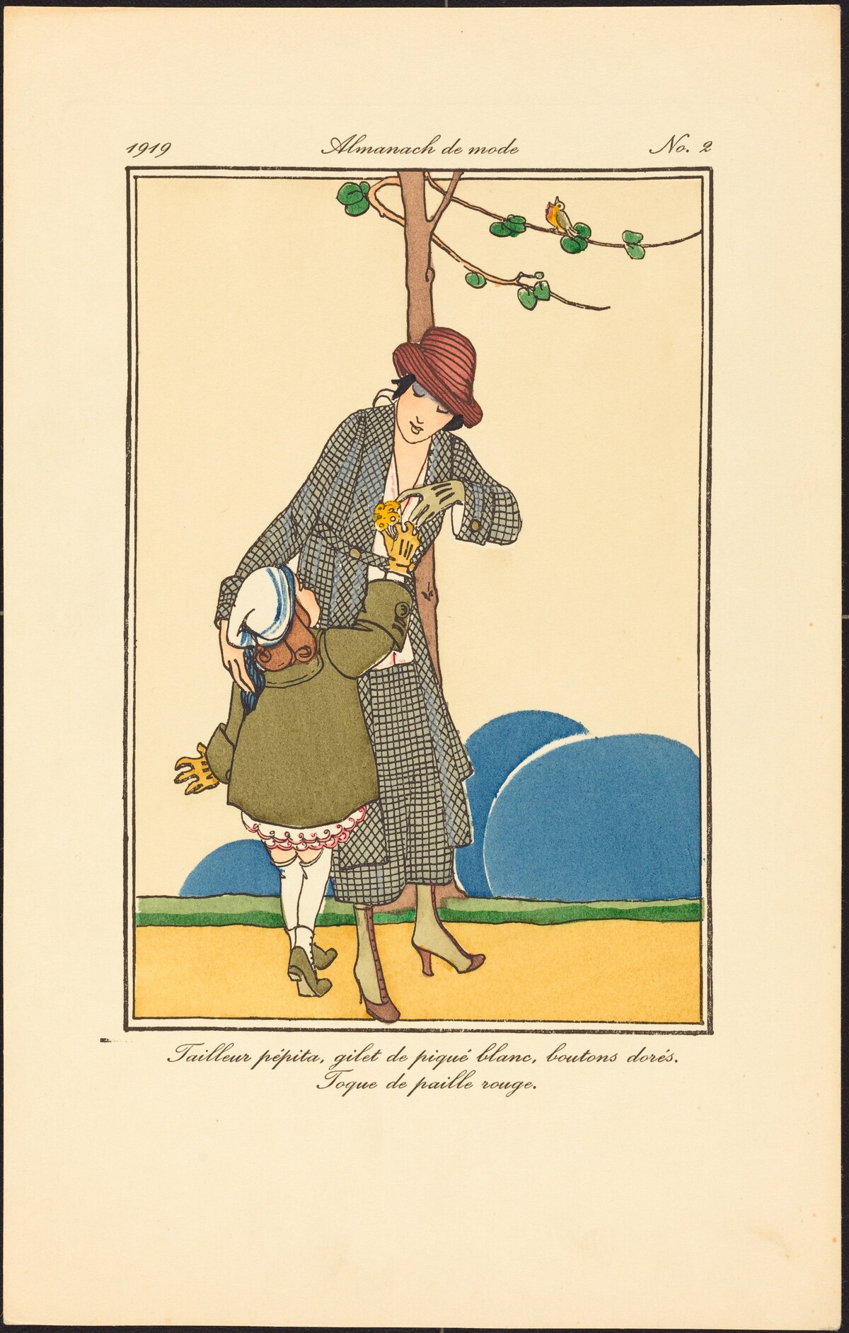 Tailleur pépita, gilet de piqué blanc, boutons dorés. Toque de paille rouge. by French 20th Century