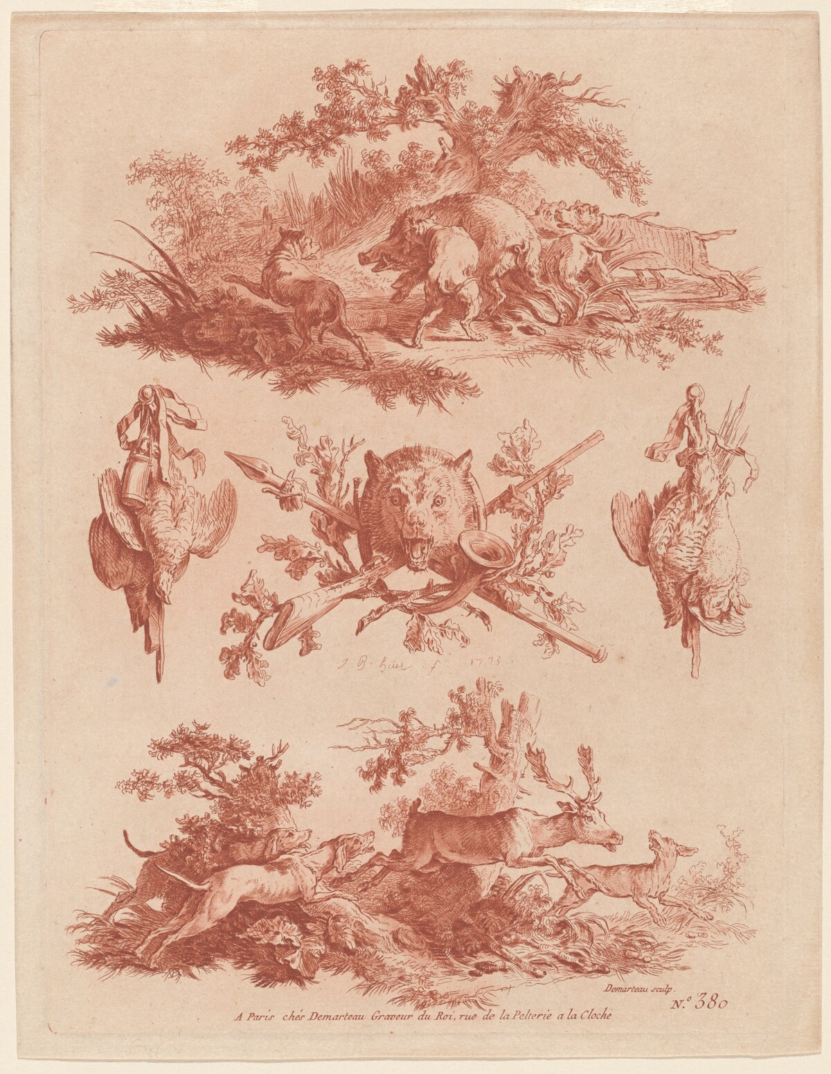Hunting Trophies and Vignettes with Dogs Chasing a Boar and a Stag by Gilles Demarteau, the Elder and Jean-Baptiste Hüet, I
