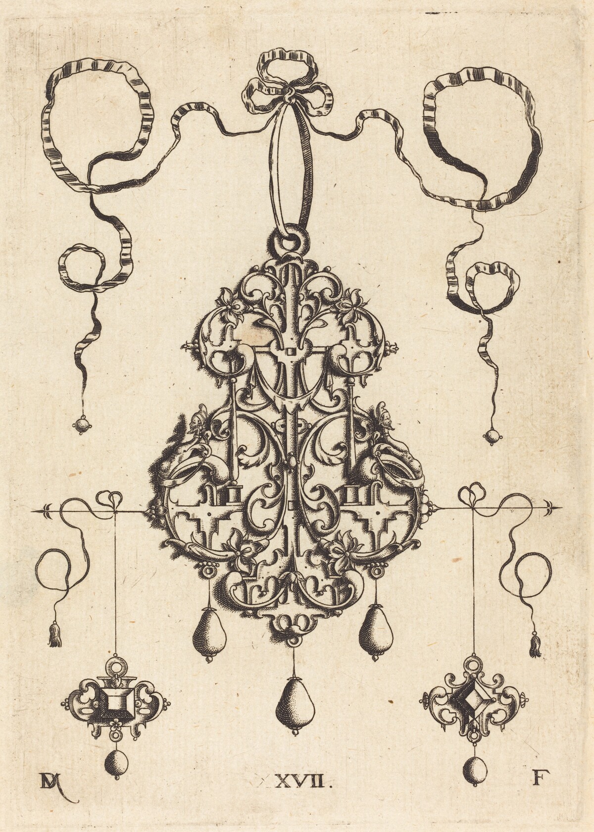 Strapwork Pendant with Two Square Tablestonesas Earrings at Left and Right by Daniel Mignot