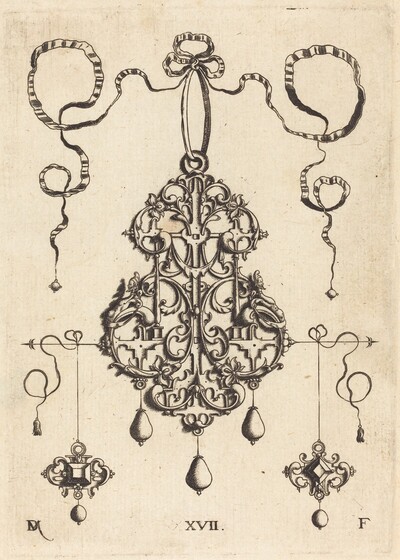 Strapwork Pendant with Two Square Tablestonesas Earrings at Left and Right