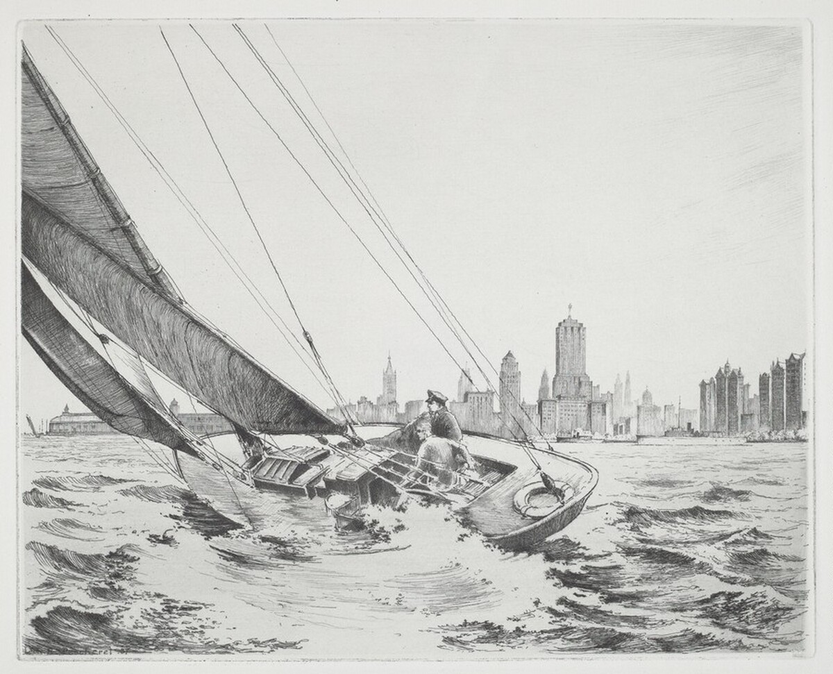 Sailboat Heeling Near a City by Leon René Pescheret