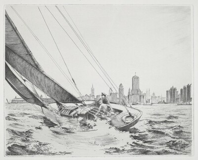 Sailboat Heeling Near a City