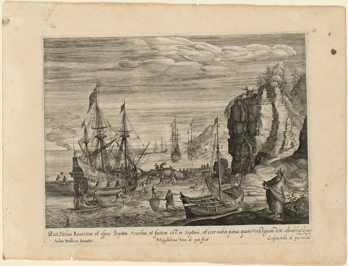 A Beach with Fishermen Cutting Up a Whale and the Prophet Elijah by Magdalena van de Passe, after Roelandt Savery and Adam Willaerts