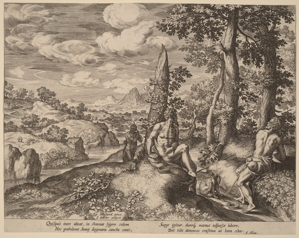 Landscape with Three Nude Men and a Dog by Jan Sadeler I after Gillis Mostaert