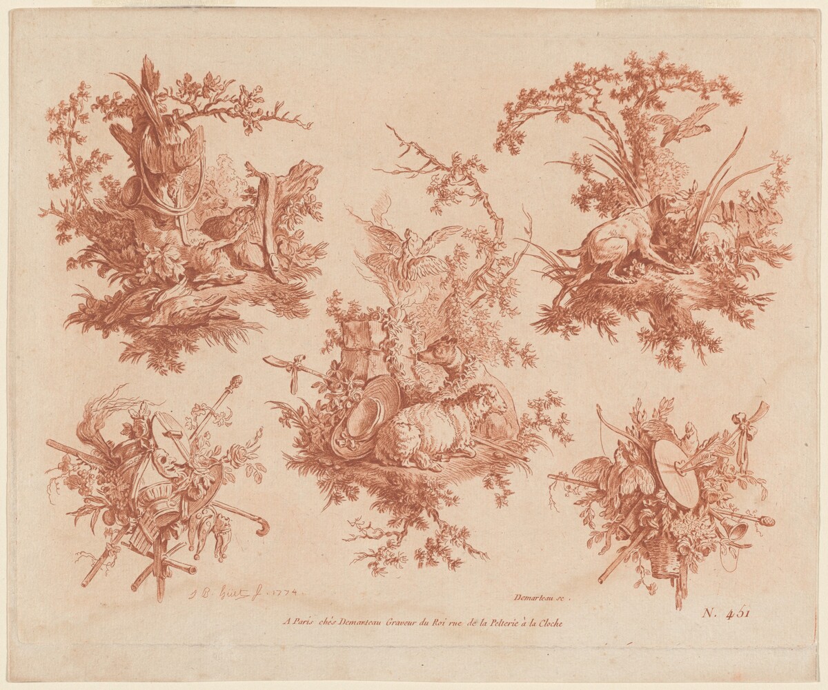 Five Trophies with Themes of Hunting, Love, and Folly by Gilles Demarteau, the Elder, and Jean-Baptiste Hüet