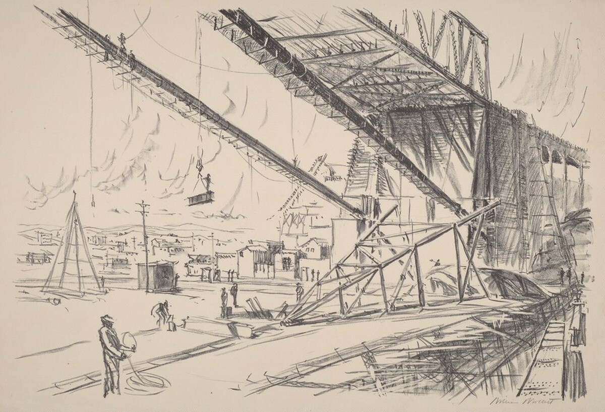 Oakland-San Francisco Bay Bridge (View From Yerba Buena Island During Cable Spinning Operations) by William C. Woollett