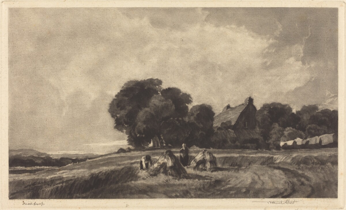 Cottage and Harvesters by Frank Short, after Peter De Wint