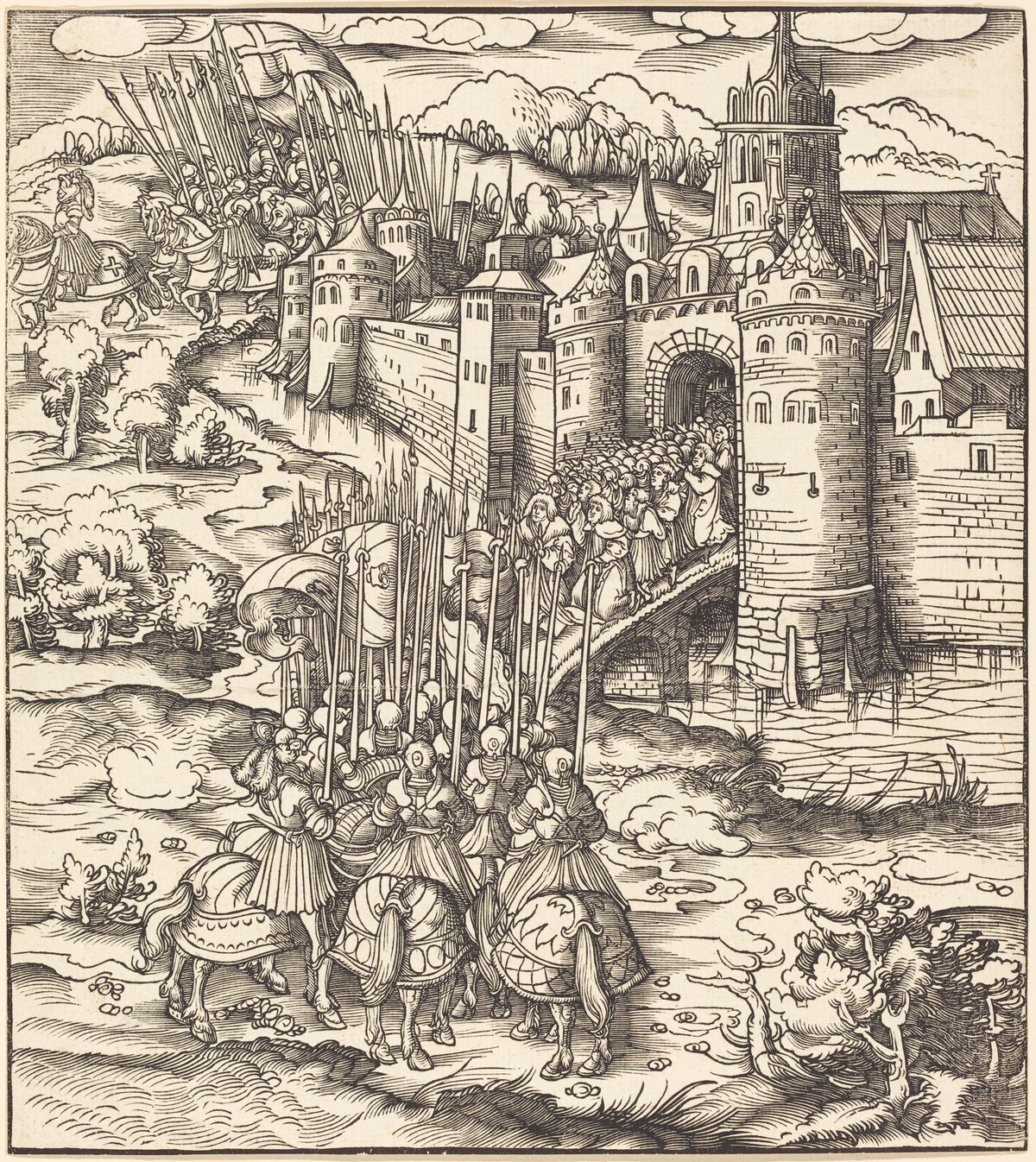 Various Men Kneeling on a Bridge in front of a Town by Leonhard Beck