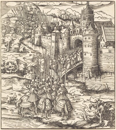 Various Men Kneeling on a Bridge in front of a Town