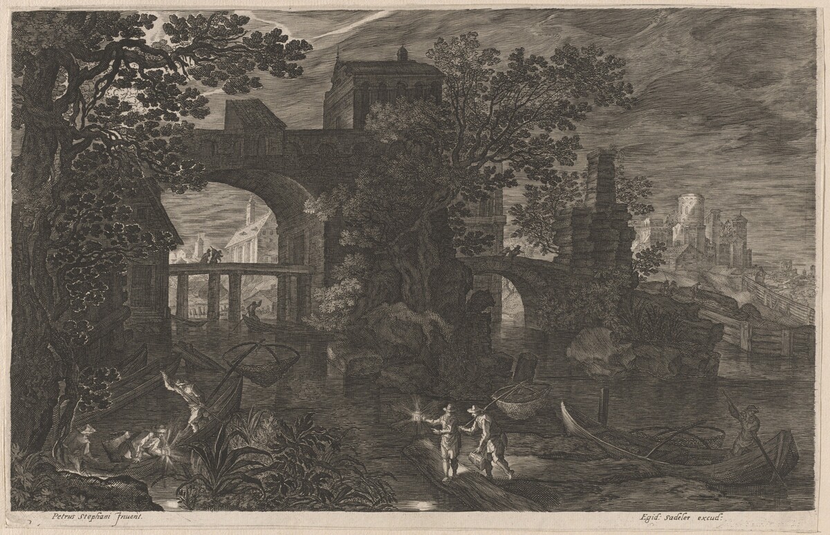 Night Fishing near Fortified Bridges by Aegidius Sadeler II after Pieter Stevens