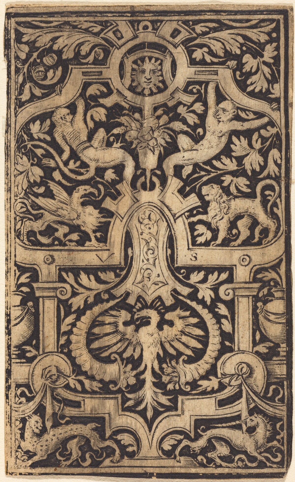 Strapwork and Foliage Ornament on Dark Ground with Monkeys and other Animals by Virgil Solis