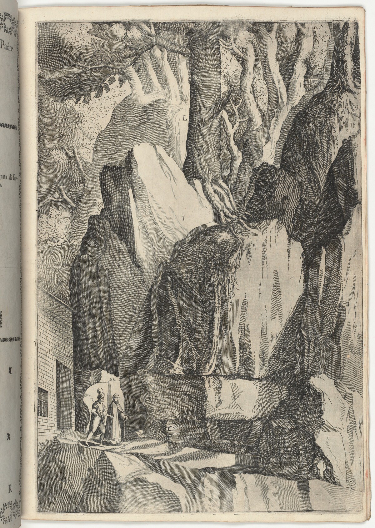 The Site of the Bed and Oratory of Saint Francis (Luogo del 'letto' e dell'oratorio di San Francesco) [plate R] by Jacopo Ligozzi (artist), Anonymous engraver possibly Domenico Falcini, Lino Moroni (author)