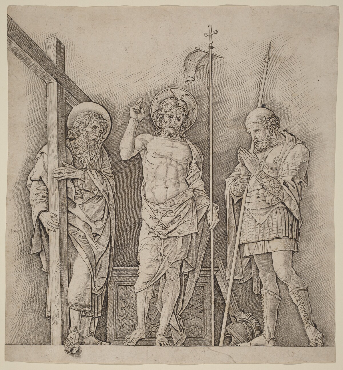 Risen Christ between Saints Andrew and Longinus by Andrea Mantegna