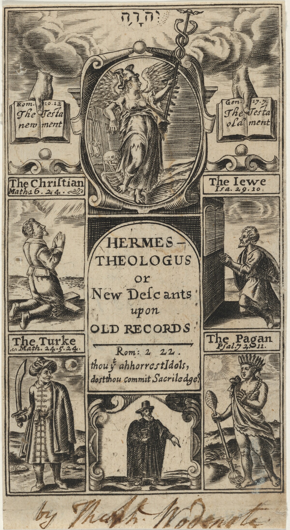 Title Page to Hermes Theologus or New Descants Upon Old Records, Theoph. Woodnote by Unknown Artist