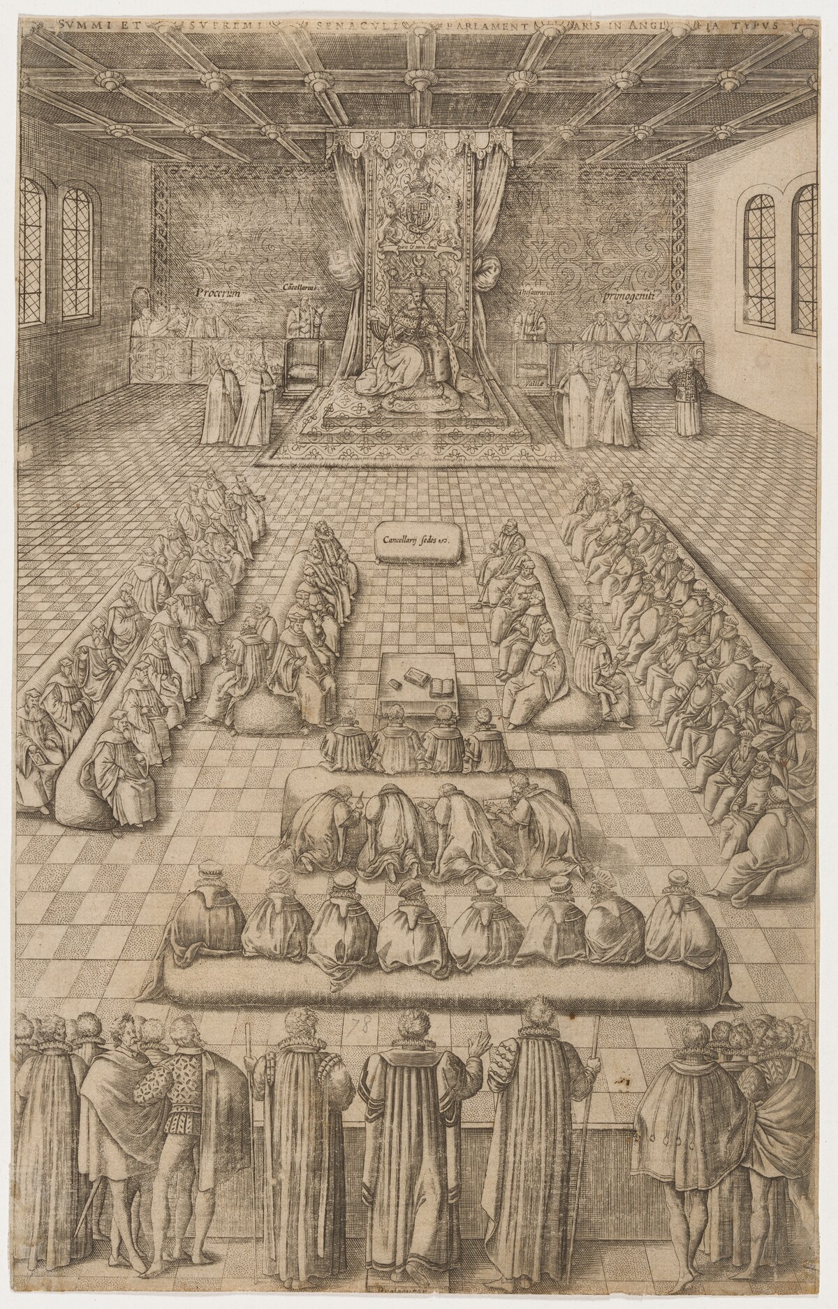 James I in Parliament by Renold Elstrack