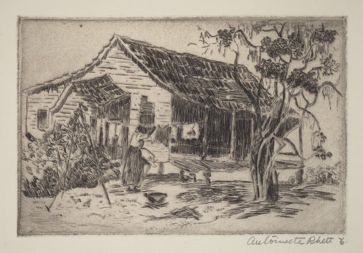 Untitled (Shack in Southern Landscape With Woman Hanging Clothes) by Antoinette Rhett