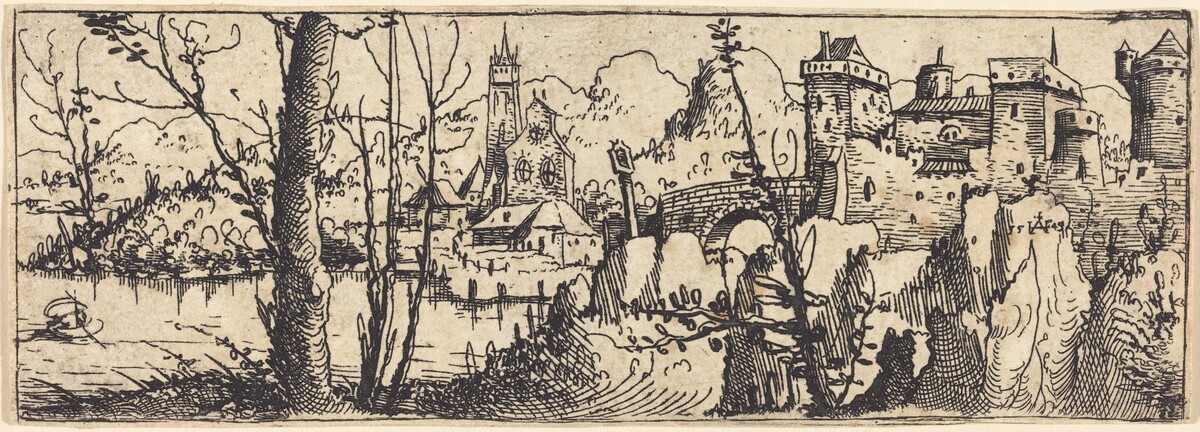 Landscape with Castle at Right, Surrounded by Rocks by Augustin Hirschvogel