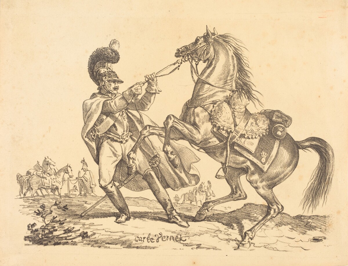 Cuirassier retenant son cheval qui se cabre by Carle Vernet