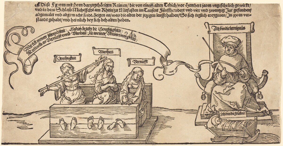 Justice, Truth and Reason in the Stocks with the Seated Judge and Sleeping Piety by Albrecht Dürer