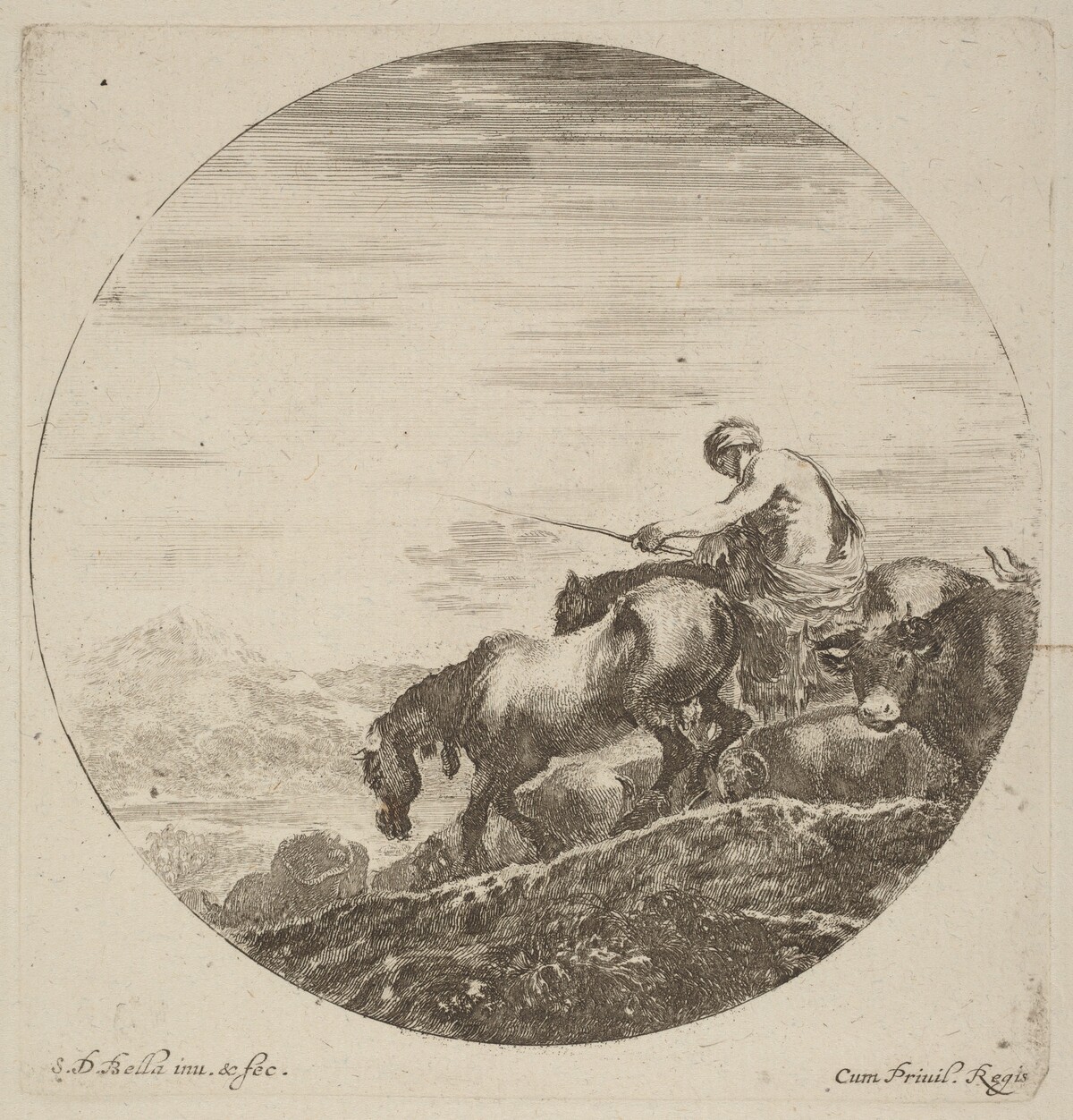 Shepherd on a Horse Driving a Herd of Various Animals by Stefano Della Bella
