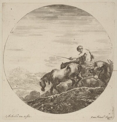 Shepherd on a Horse Driving a Herd of Various Animals