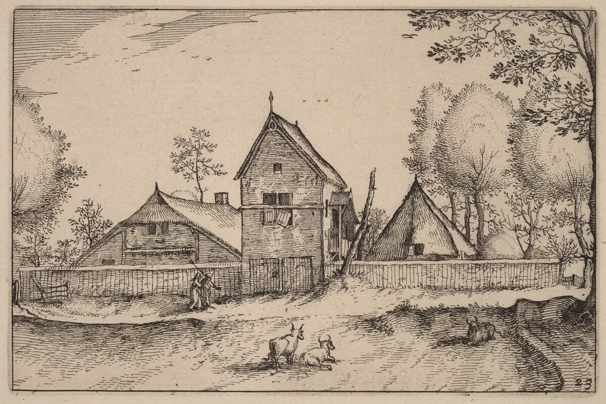 Large Walled Farm by Claes Jansz Visscher after Johannes van Doetechum, the Elder after Lucas van Doetechum after Master of the Small Landscapes