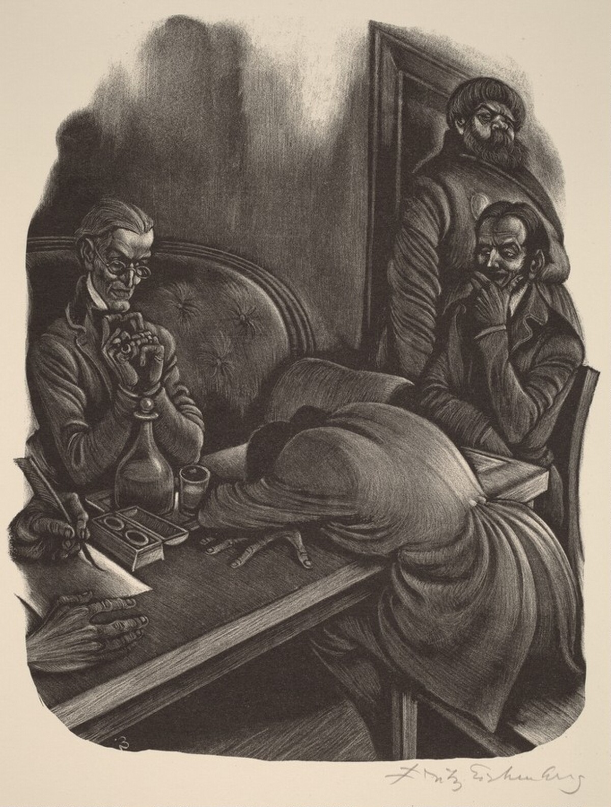 The First Ordeal (Book IX: Preliminary Investigation, facing p.356) by Fritz Eichenberg