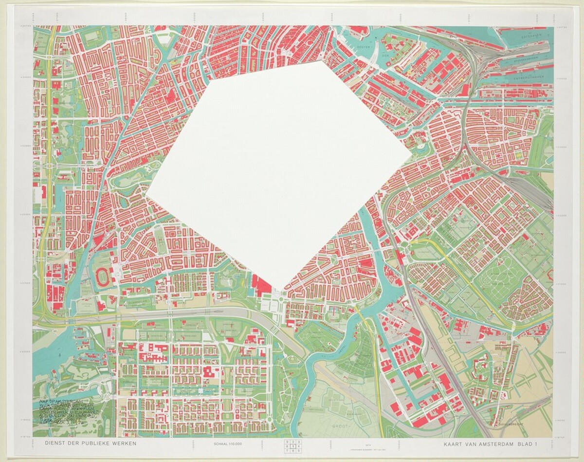 Map of Amsterdam with the Area between Emma-Plein, Europa-Plein, Ooster Park, Nieuwmarkt, and Bus Station Removed by Sol LeWitt