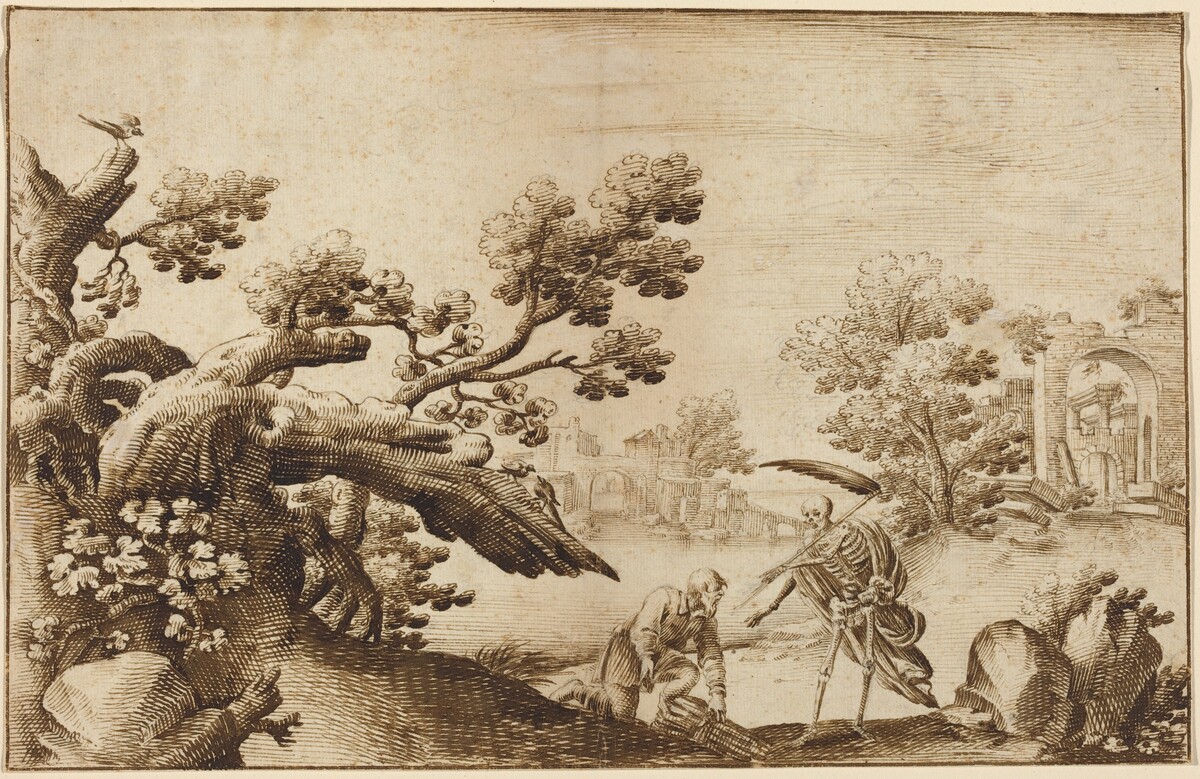 Death and the Woodman in a Coastal Landscape with Ruins by Ercole Bazicaluva