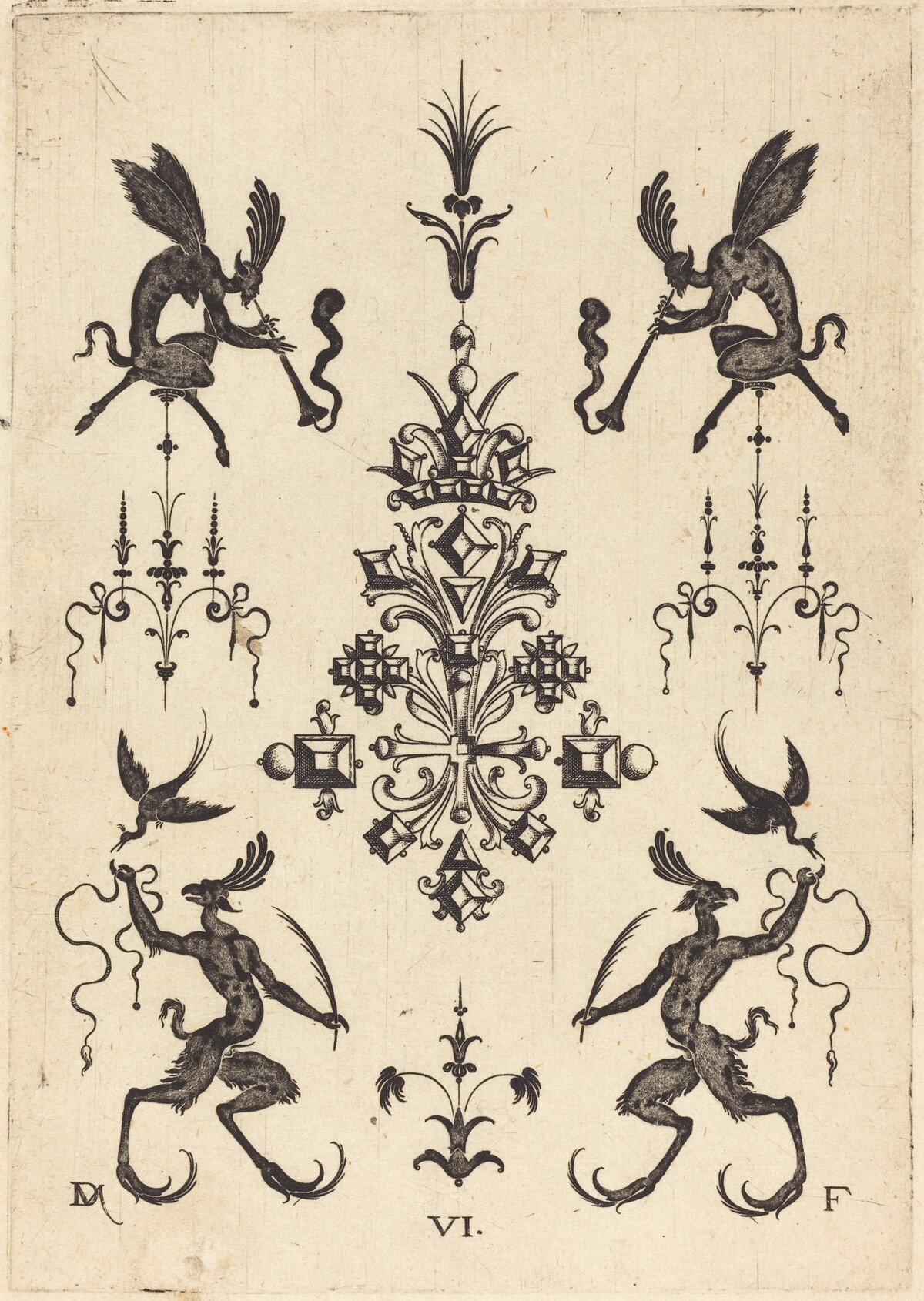 Brooch with Winged Fauns Blowing Trumpets at Top and Fantasy Creatures with Birds at Bottom by Daniel Mignot