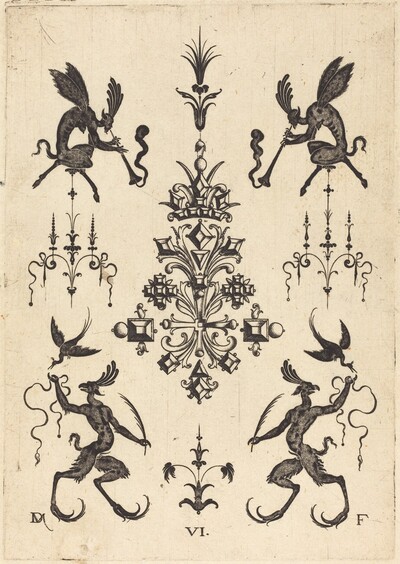 Brooch with Winged Fauns Blowing Trumpets at Top and Fantasy Creatures with Birds at Bottom